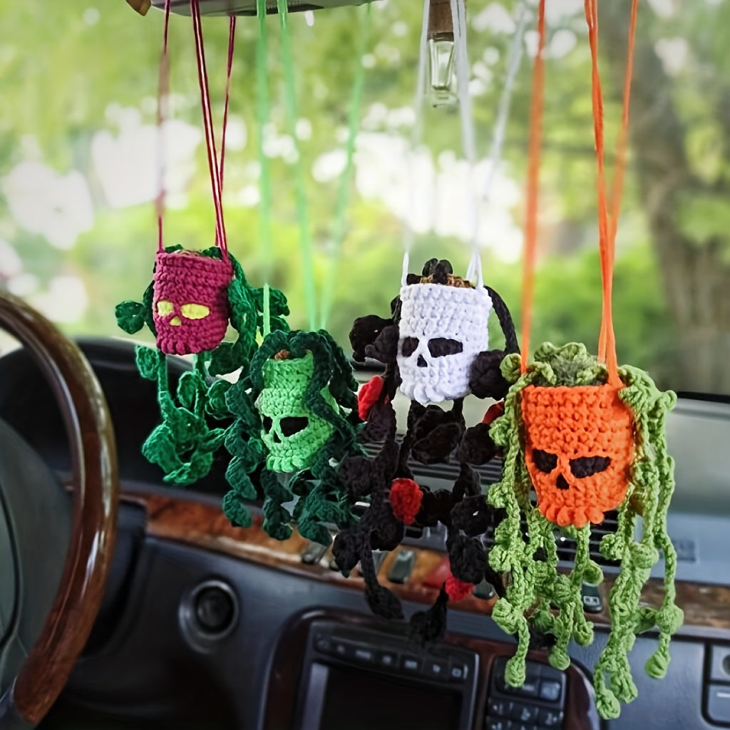 Handmade Crochet Cool Car Rearview Mirror Pendant Halloween Skull Head Hanging Ornament Car Interior Room Decorations Holiday Gift