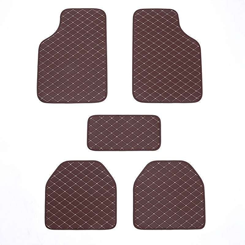 Universal 5pcs set of fashionable PU Leather car floor mats - checkered pattern, easy to install, enhanced interior protection,  Sleek Design, Highquality Material, Auto Detailing, Vehicle Enthusiasts