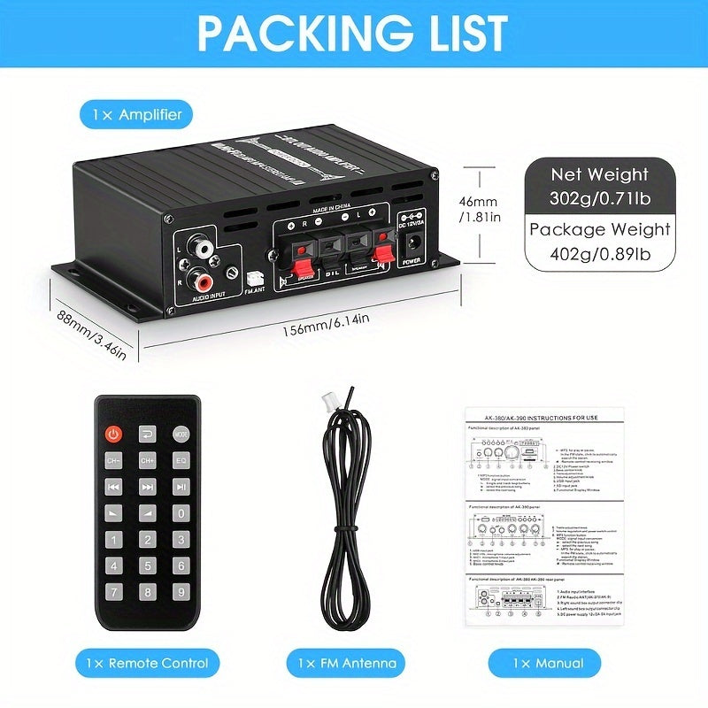 1 Set Premium 800W 2-Channel Mini HIFI BT Power Amplifier - Hi-Fi Audio Stereo Amp for Home & Car with Built-in FM Radio - Wireless Connectivity, Portable, Premium Build Quality