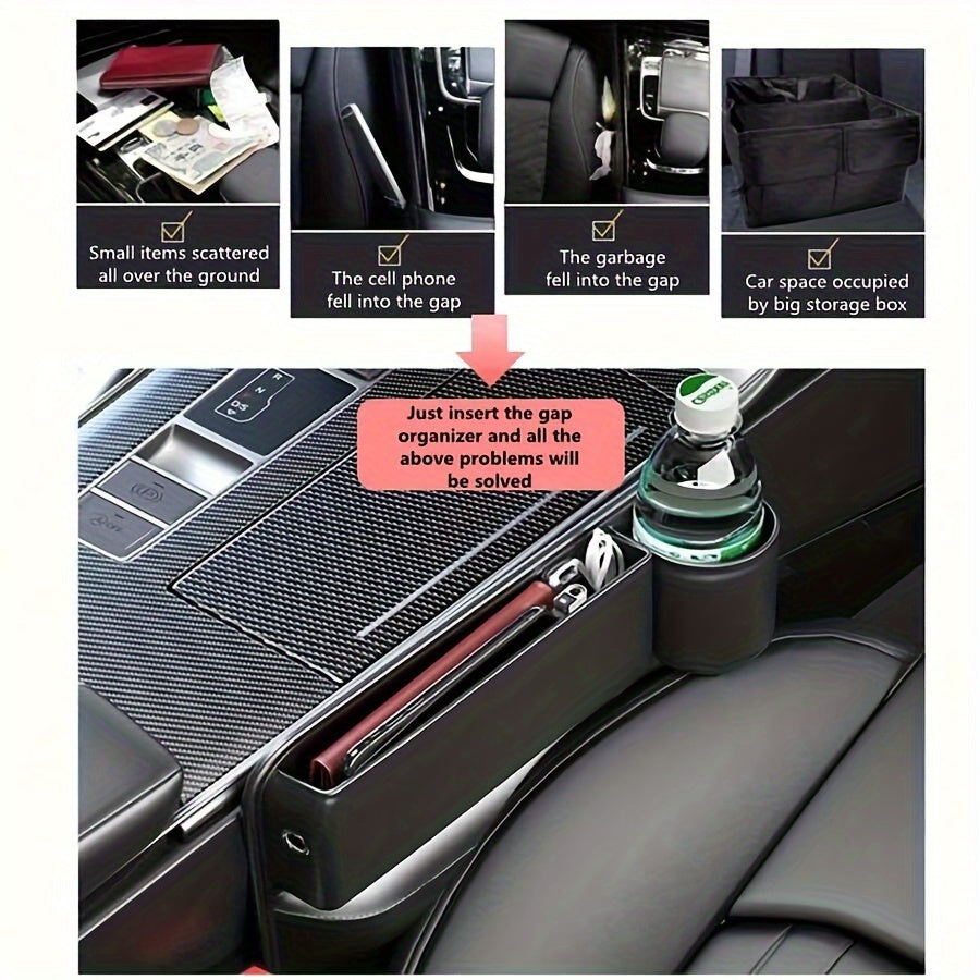1 count Multifunction Car Seat Gap Storage Bag For Car Seat Gap Filler With Phone Cup Holder PU Leather Car Seat Slot Organizer Box Leak-proof Storage Bags for Phones Glasses Keys Cards