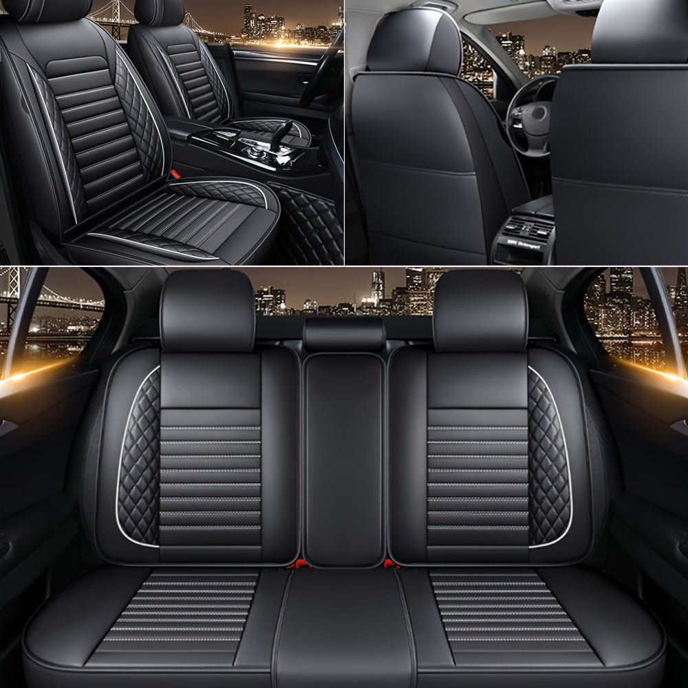 5-Seat Universal Fit Luxury Faux Leather Car Seat Cover Set - Waterproof, All-Season, Sponge Filled, PU Leather Surface, Front and Rear Cushion Protector for Sedan, Pickup, Trucks, Hatchbacks, SUVs, and Crossovers