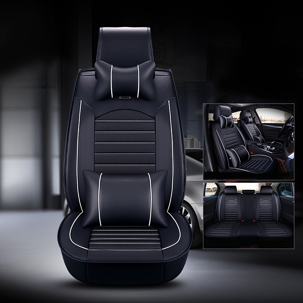 5-Seat Full Set Premium Waterproof Faux Leather Car Seat Cover with Adjustable Cushion Protector, 2 Headrest and 2 Lumbar Pillows, Universal Fit for All-Season Use, PU Leather Surface, Sponge Filled for Ultimate Comfort