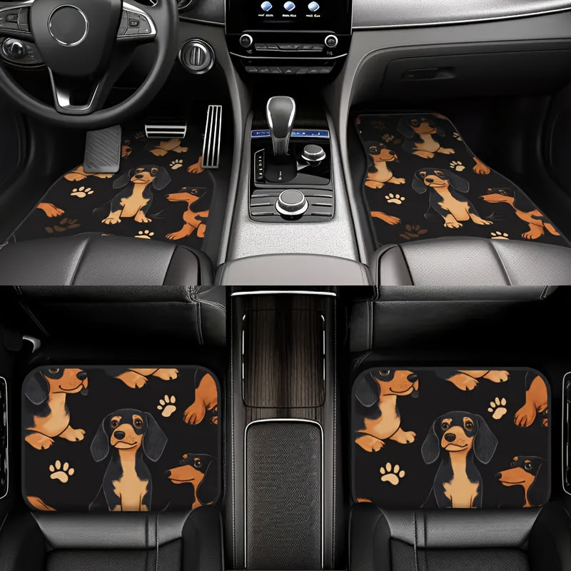 4pcs Dachshund Car Floor Mats with Playful Puppy & Paw Print Design - Non-Slip All-Weather Polyester Mats for Cars, Trucks, SUVs - Easy Clean Fit Auto Accessories, Ideal Gift for Pet Lovers, Dachshund Car Accessories, Easycle