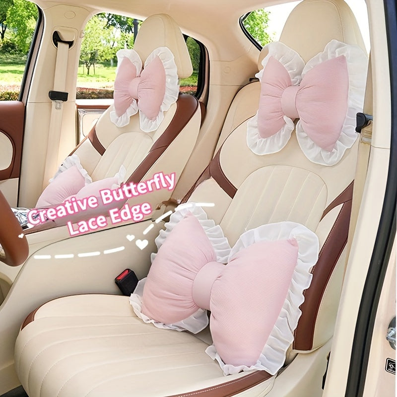 1 Set Creative Butterfly Lace Edge Car Headrest and Lumbar Support Cushion - Breathable Polyester Fiber Neck Pillow and Seat Back Pillow for All Seasons, Comfortable Vehicle Accessories