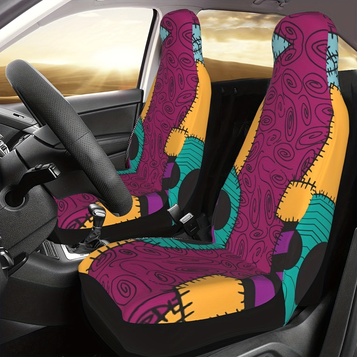 6-Piece Complete Car Decoration Kit - Soft Polyester Steering Wheel Cover, Center Console Pad, Cup Holder Coasters, and More - No Filler, Durable, and Easy to Clean Nightmare Before Christmas Accessories