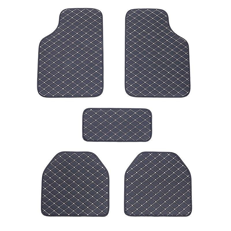 Universal 5pcs set of fashionable PU Leather car floor mats - checkered pattern, easy to install, enhanced interior protection,  Sleek Design, Highquality Material, Auto Detailing, Vehicle Enthusiasts
