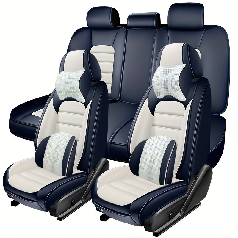Ultimate 5-Piece Waterproof Nappa Leather Car Seat Cover Set - Luxury Ergonomic Protection with Headrest Pillows - Universal Fit for Sedans, SUVs, Pick-up Trucks, and Pet-Friendly