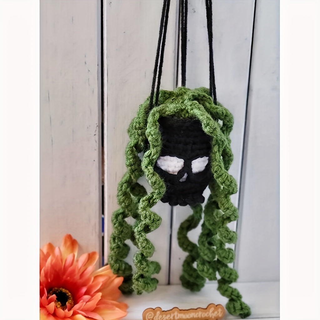 Handmade Crochet Cool Car Rearview Mirror Pendant Halloween Skull Head Hanging Ornament Car Interior Room Decorations Holiday Gift