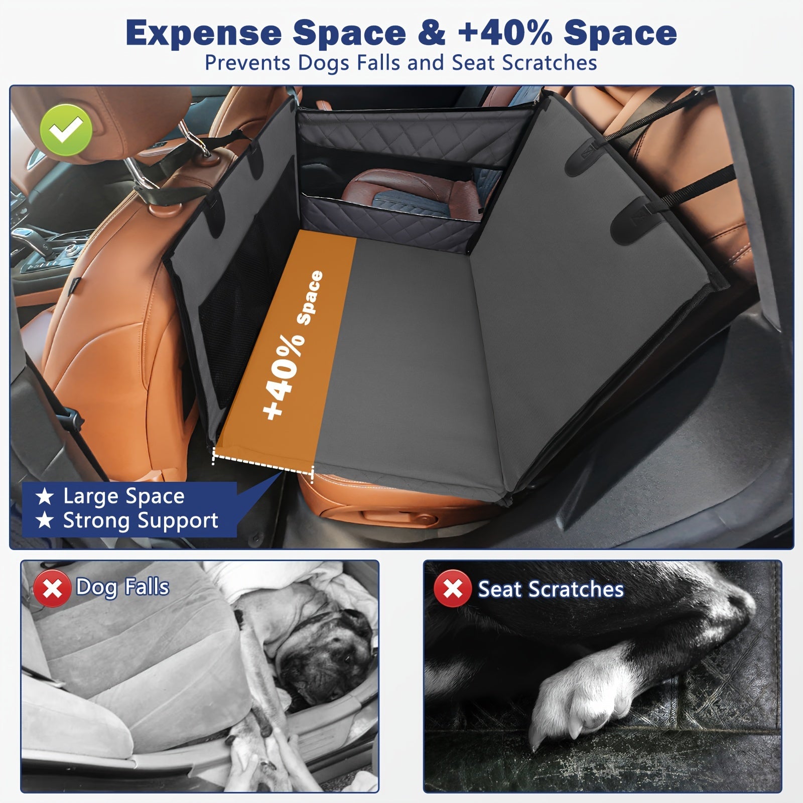 Large Dog Car Seat Extender with Waterproof Fabric - Spacious Back Seat Cover with Storage Pocket for Medium to Large Breeds, Pet Hammock for Cars/SUV/Truck (L) by MIXJOY