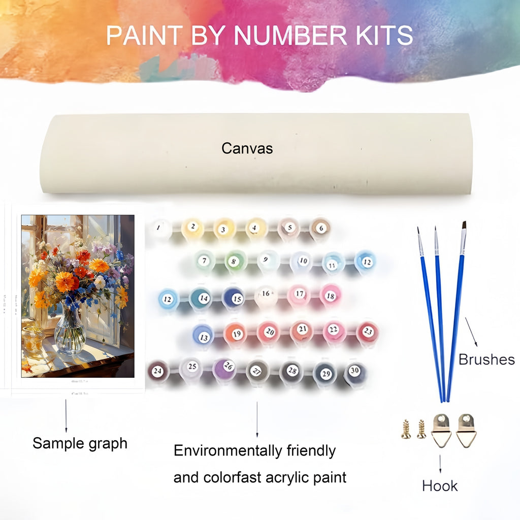 Paint By Numbers Kit For Adults - Still Life Flowers By The Window, 19.7 X 15.7 Inch Canvas, Eco-Friendly Acrylic Paints & Brushes Included (No Frame)