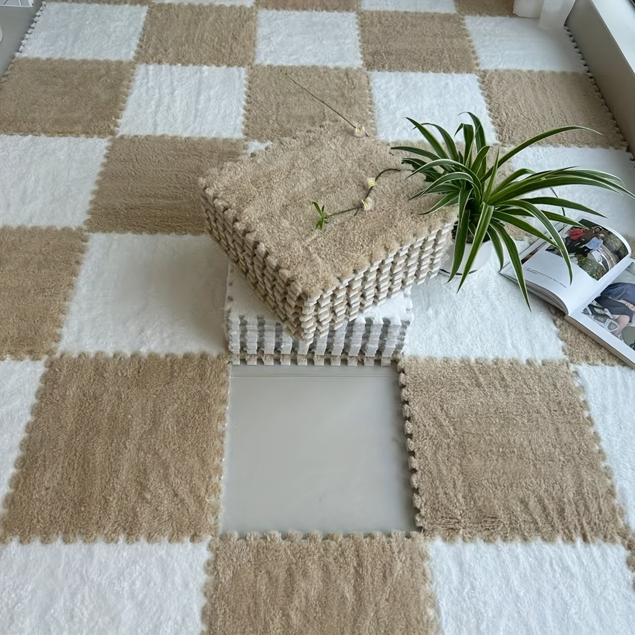 24pcs Soft Blue & Gray Plush Interlocking Floor Mats - Washable EVA & Polyester, Perfect for Living Room, Bedroom, or Game Room Decor