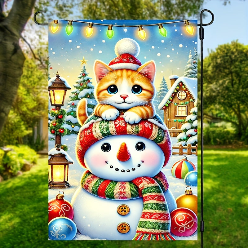 1PC Polyester Garden Flag - Cute Cat & Snowman Winter Christmas Decor - Pet Lovers Holiday Yard Display - Double-Sided Seasonal Outdoor Flag 12x18 Inch - Eco-Friendly, Durable for Home, Lawn, Farmhouse & Event Decorating - No