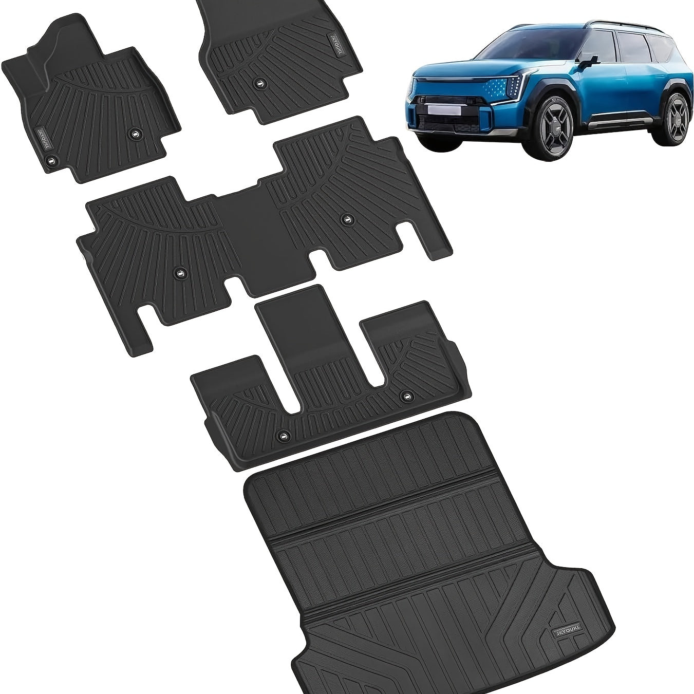 Floor Mats & Big Cargo Liners Compatible for KIA EV9 2024. All Weather 3 Rows Anti- Slip TPE Mat- Black. (6- Seats), Vehicle Floor Protection, Cargo Area Cover, Customfit Liner, Durable Floor Covering, Easyclean Mats, High Qu