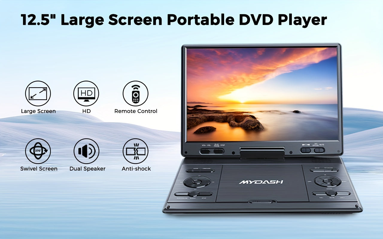 14.9" Large Portable DVD Player - Region Free, 12.5" HD Swivel Screen, Exclusive Button Design, Car Headrest Mount, High Volume Speaker, Supports CD/DVD/SD Card/USB, Black