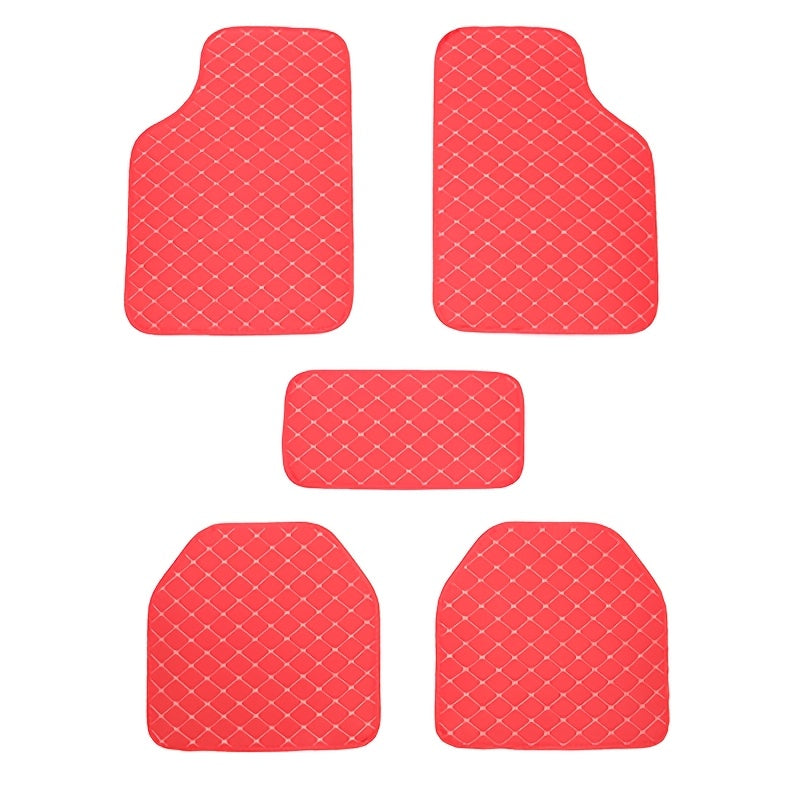 Universal 5pcs set of fashionable PU Leather car floor mats - checkered pattern, easy to install, enhanced interior protection,  Sleek Design, Highquality Material, Auto Detailing, Vehicle Enthusiasts
