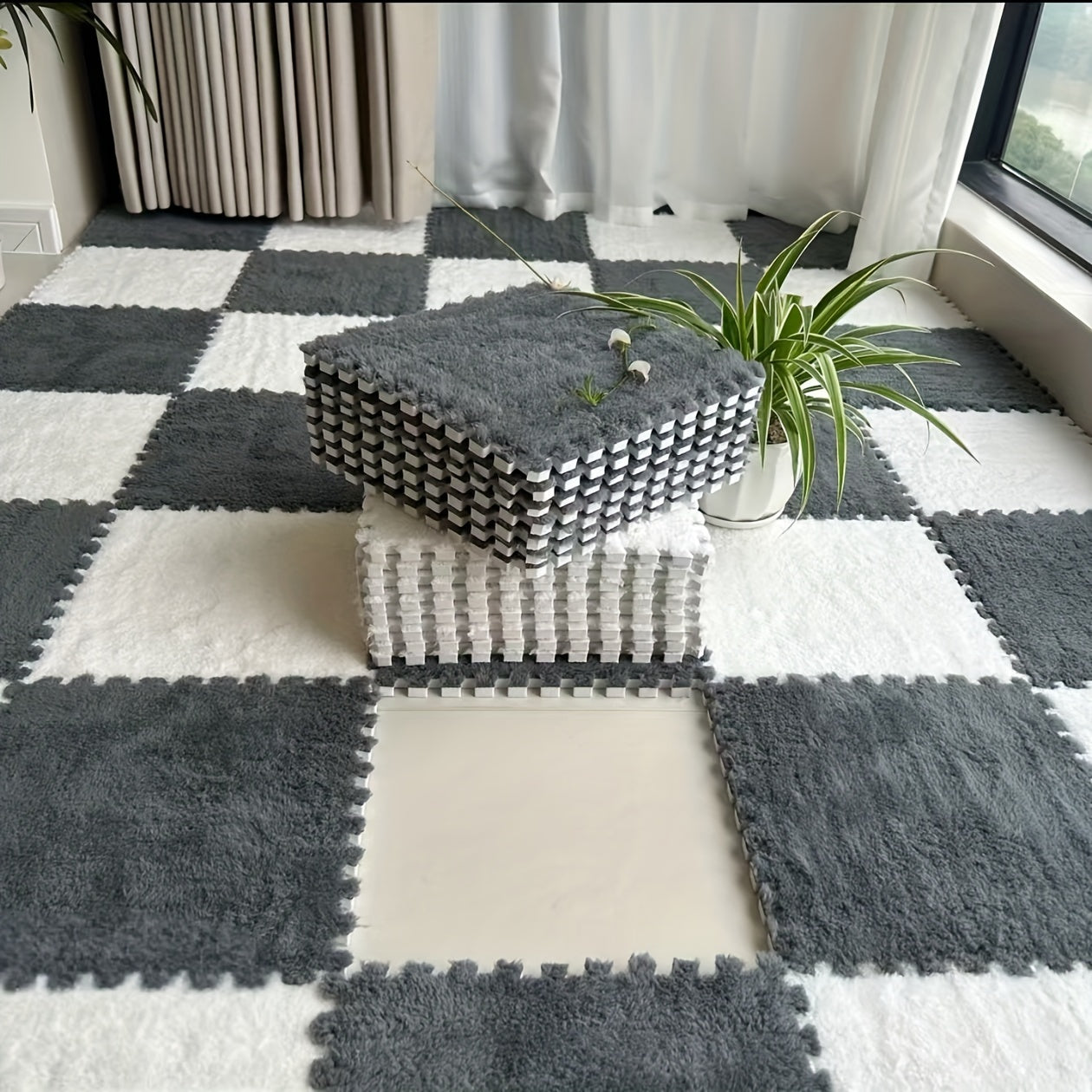 24pcs Soft Blue & Gray Plush Interlocking Floor Mats - Washable EVA & Polyester, Perfect for Living Room, Bedroom, or Game Room Decor