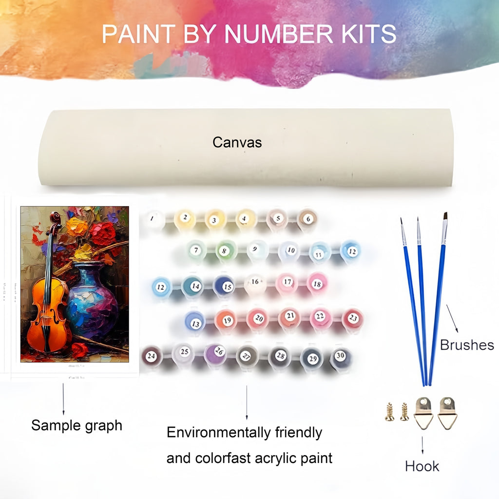 Diy Paint By Numbers Kit - Violin & Flowers Still Life | 19.7X15.7" Canvas | Eco-Friendly Acrylic Paints & Brushes Included (Frame Not Included)