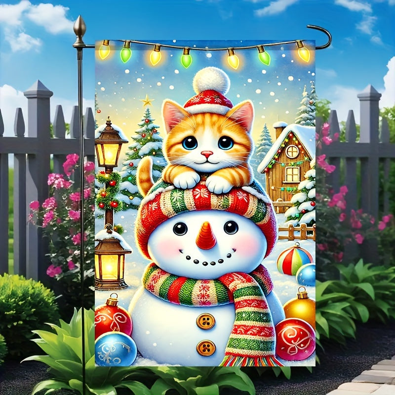 1PC Polyester Garden Flag - Cute Cat & Snowman Winter Christmas Decor - Pet Lovers Holiday Yard Display - Double-Sided Seasonal Outdoor Flag 12x18 Inch - Eco-Friendly, Durable for Home, Lawn, Farmhouse & Event Decorating - No