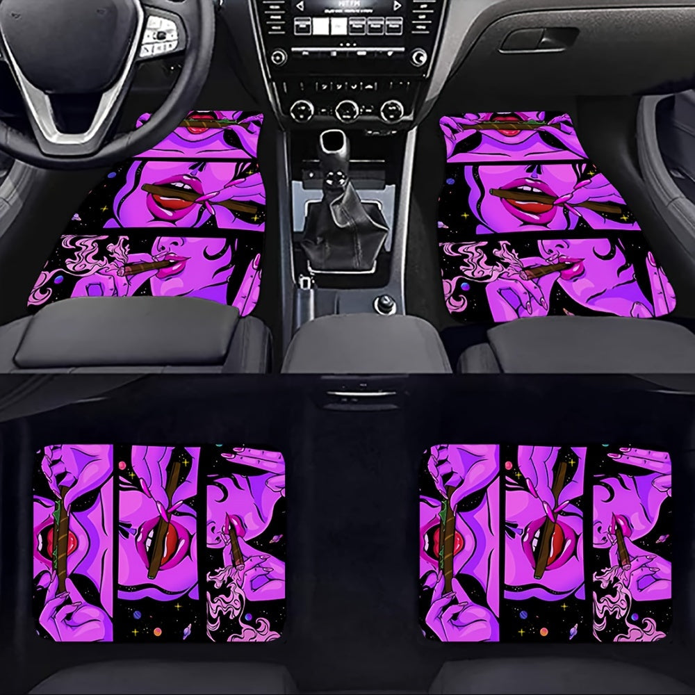 4pcs Cool Woman Pattern Flannel UV Black Light Car Floor Mats - Water-Absorbent, Non-Slip, Stain-Resistant, Reactive to UV Blacklight, Easy to Clean, and Protective Decoration for Most Car Front and Rear Seat Carpets