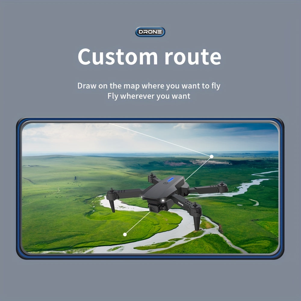 Intelligent aerial drone E88 single camera with dual batteries and replacement blades, equipped with protective frame and quadcopter, wireless connection, mobile phone remote control of unmanned aerial vehicle, aerial camera,