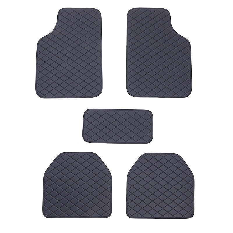 Universal 5pcs set of fashionable PU Leather car floor mats - checkered pattern, easy to install, enhanced interior protection,  Sleek Design, Highquality Material, Auto Detailing, Vehicle Enthusiasts