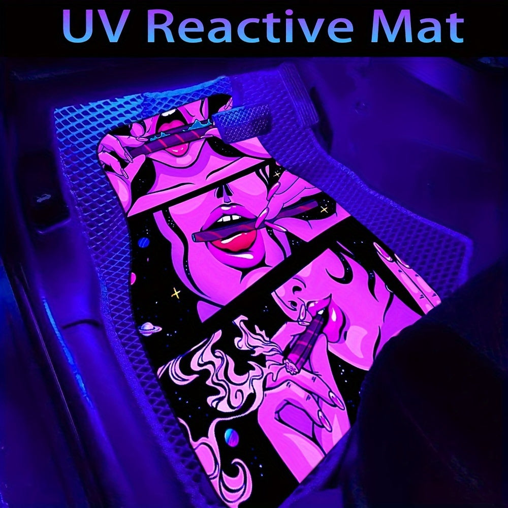 4pcs Cool Woman Pattern Flannel UV Black Light Car Floor Mats - Water-Absorbent, Non-Slip, Stain-Resistant, Reactive to UV Blacklight, Easy to Clean, and Protective Decoration for Most Car Front and Rear Seat Carpets