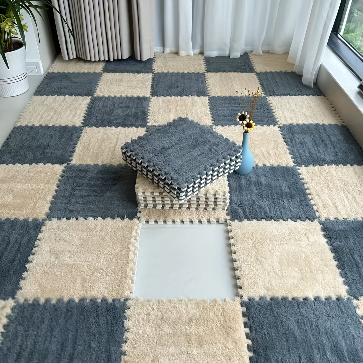 24pcs Soft Blue & Gray Plush Interlocking Floor Mats - Washable EVA & Polyester, Perfect for Living Room, Bedroom, or Game Room Decor