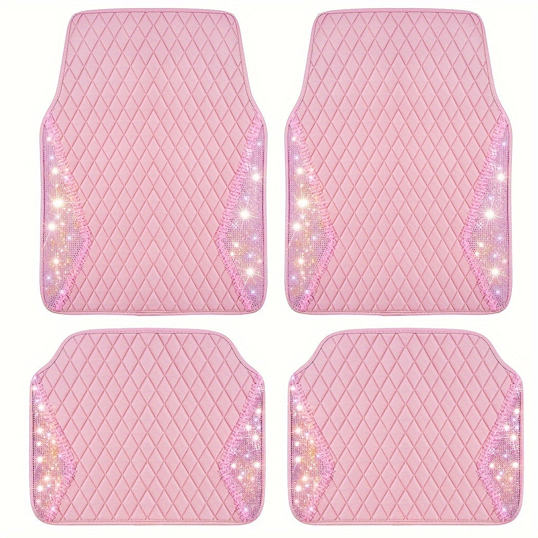 PU Leather Car Mats, Beautiful Fabric Pattern Decoration, Shining Diamond Floor Mats Crystal Rhinestones Sparkly Glitter Carpet Anti-Slip Pad Universal Fit For Automotive SUV, Sedan, Van, 4pcs For Girl Women Pink