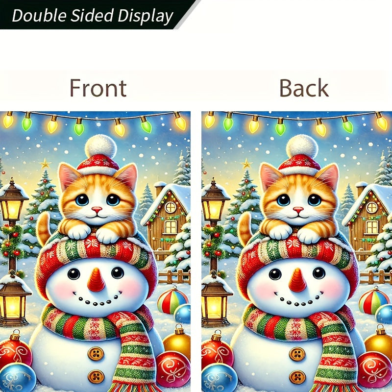 1PC Polyester Garden Flag - Cute Cat & Snowman Winter Christmas Decor - Pet Lovers Holiday Yard Display - Double-Sided Seasonal Outdoor Flag 12x18 Inch - Eco-Friendly, Durable for Home, Lawn, Farmhouse & Event Decorating - No