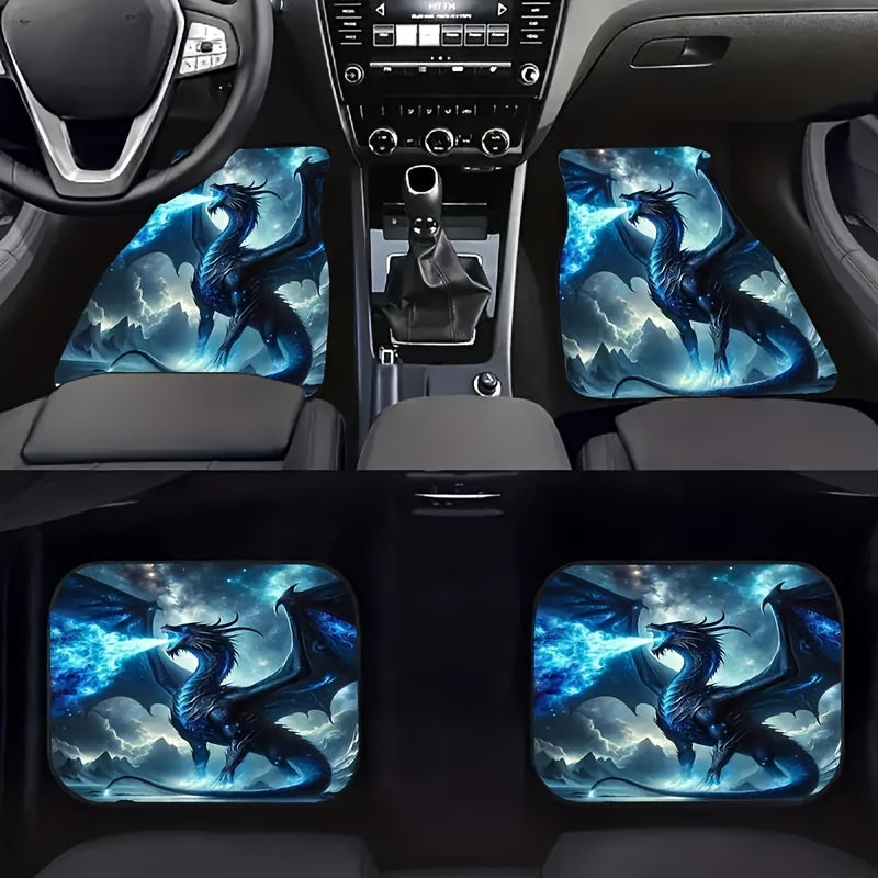 4pcs Cool Dragon Print Design Carpet Car Floor Mats Suitable for Cars, Trucks, SUVs - 4pcs Front and Rear Full Set Universal Car Interior Protection Decoration