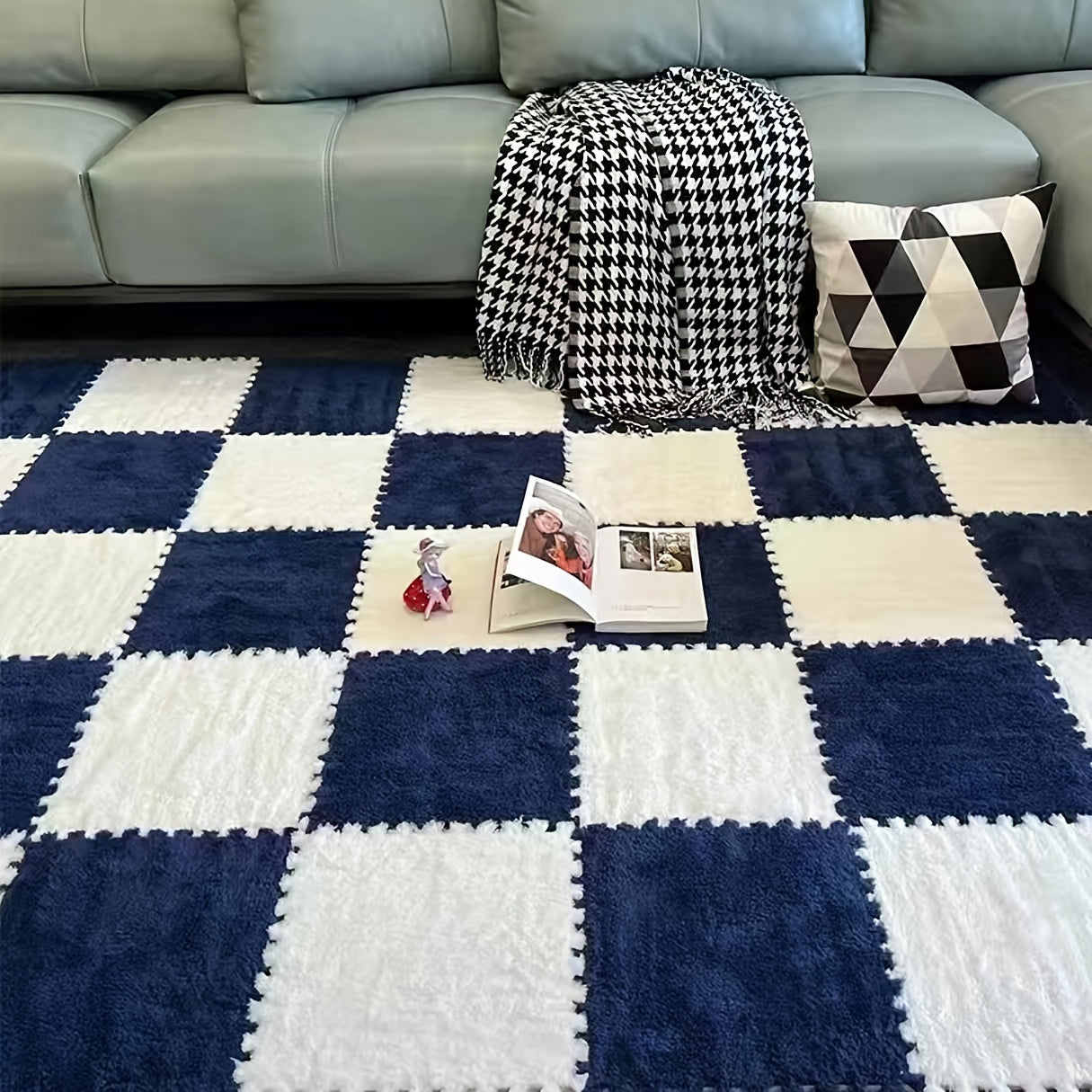 24pcs Soft Blue & Gray Plush Interlocking Floor Mats - Washable EVA & Polyester, Perfect for Living Room, Bedroom, or Game Room Decor