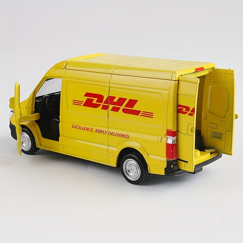 MAKEDA 1:36 Scale DHL Mercedes-Benz Delivery Vehicle Replica, Wind Powered, Weather Resistant, Pull-Back Action, Zinc Alloy Model, Suitable for Ages 3-6, Toy Collection and Gift for Boys