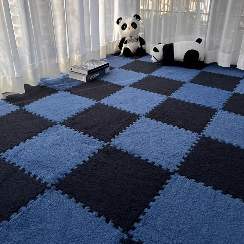 24pcs Soft Blue & Gray Plush Interlocking Floor Mats - Washable EVA & Polyester, Perfect for Living Room, Bedroom, or Game Room Decor